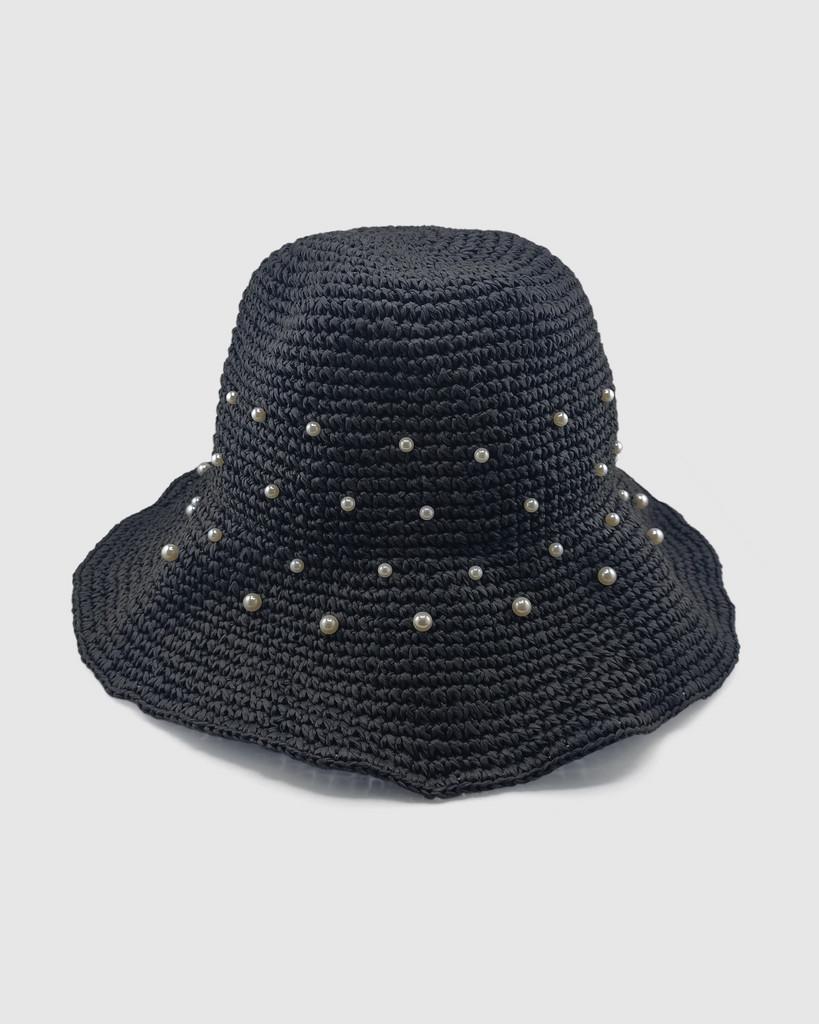 Miz Casa & Co Monaco Pearl Foldable Raffia Weave Sun Hat Black