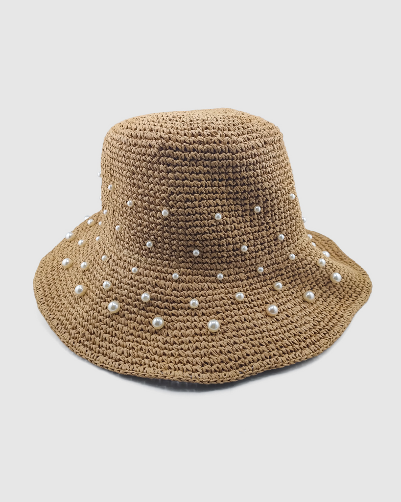 Miz Casa & Co Monaco Pearl Foldable Raffia Weave Sun Hat Brown