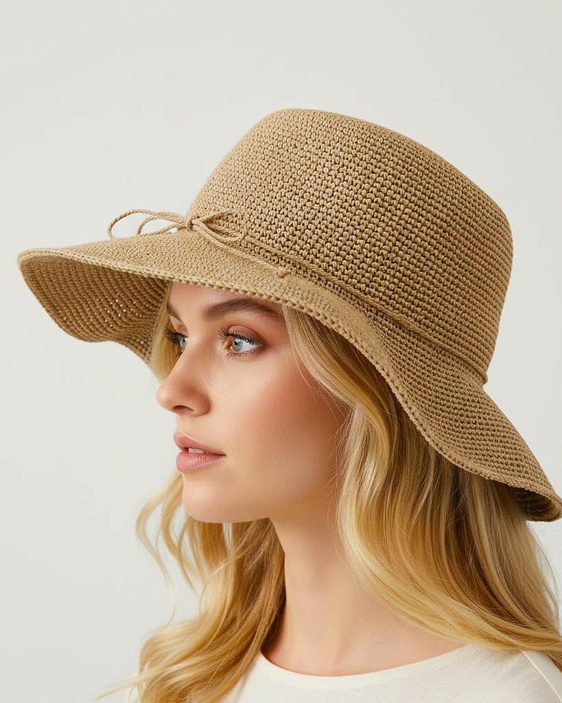 Miz Casa & Co Noa Bow Foldable Raffia Weave Sun Hat Brown
