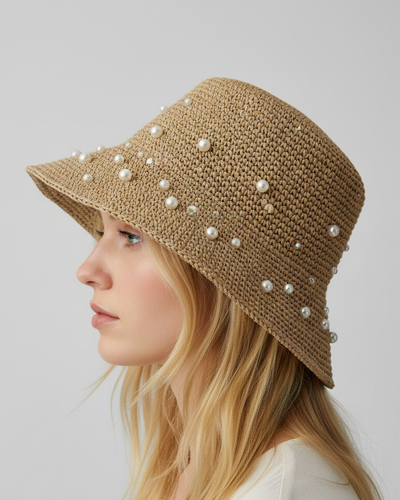 Miz Casa & Co Monaco Pearl Foldable Raffia Weave Sun Hat Brown