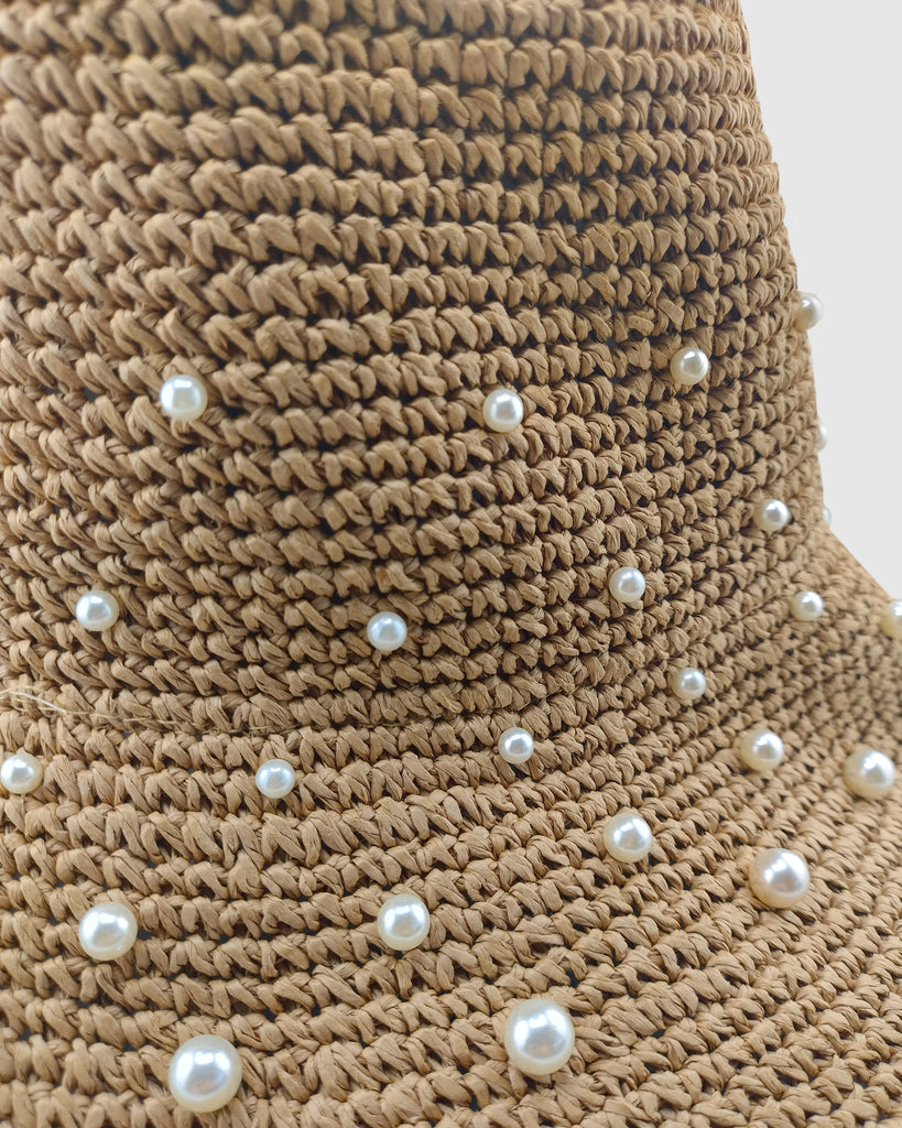 Miz Casa & Co Monaco Pearl Foldable Raffia Weave Sun Hat Brown