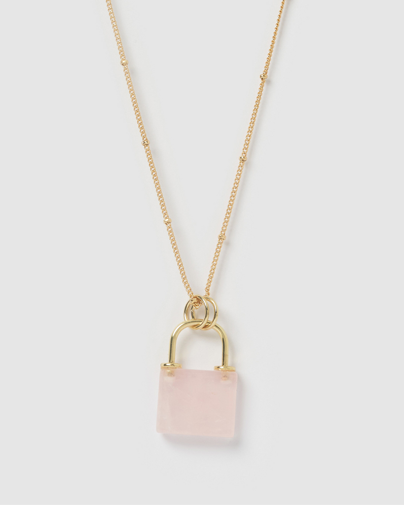 Miz Casa & Co Jess Lock Necklace Gold Rose Quartz