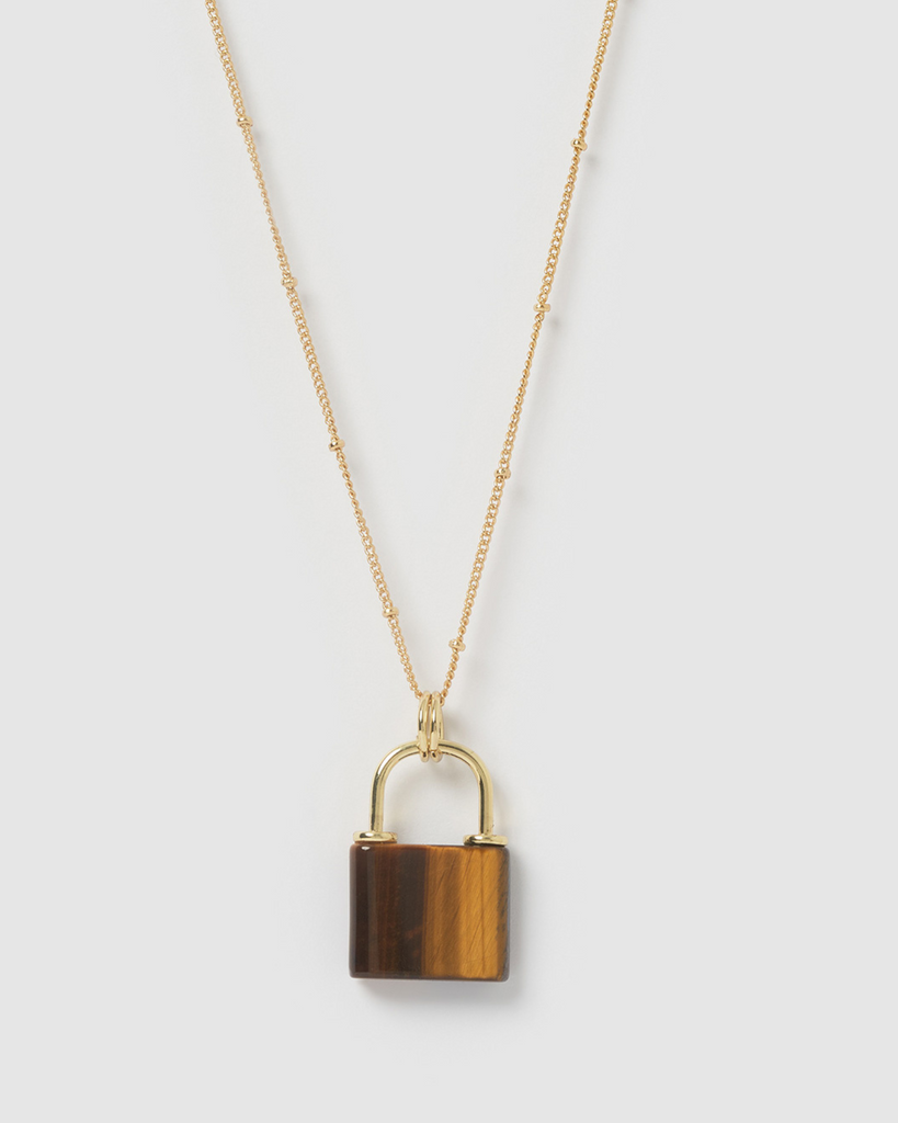 Miz Casa & Co Jess Lock Necklace Gold Tigers Eye