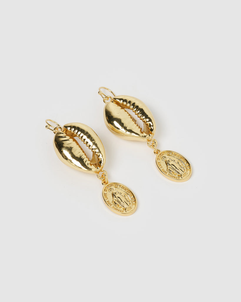 Miz Casa & Co Cowrie Medallion Earrings Gold