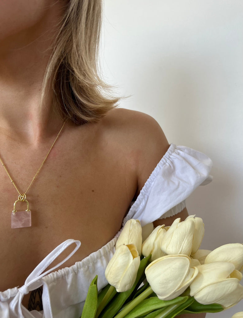 Miz Casa & Co Jess Lock Necklace Gold Rose Quartz