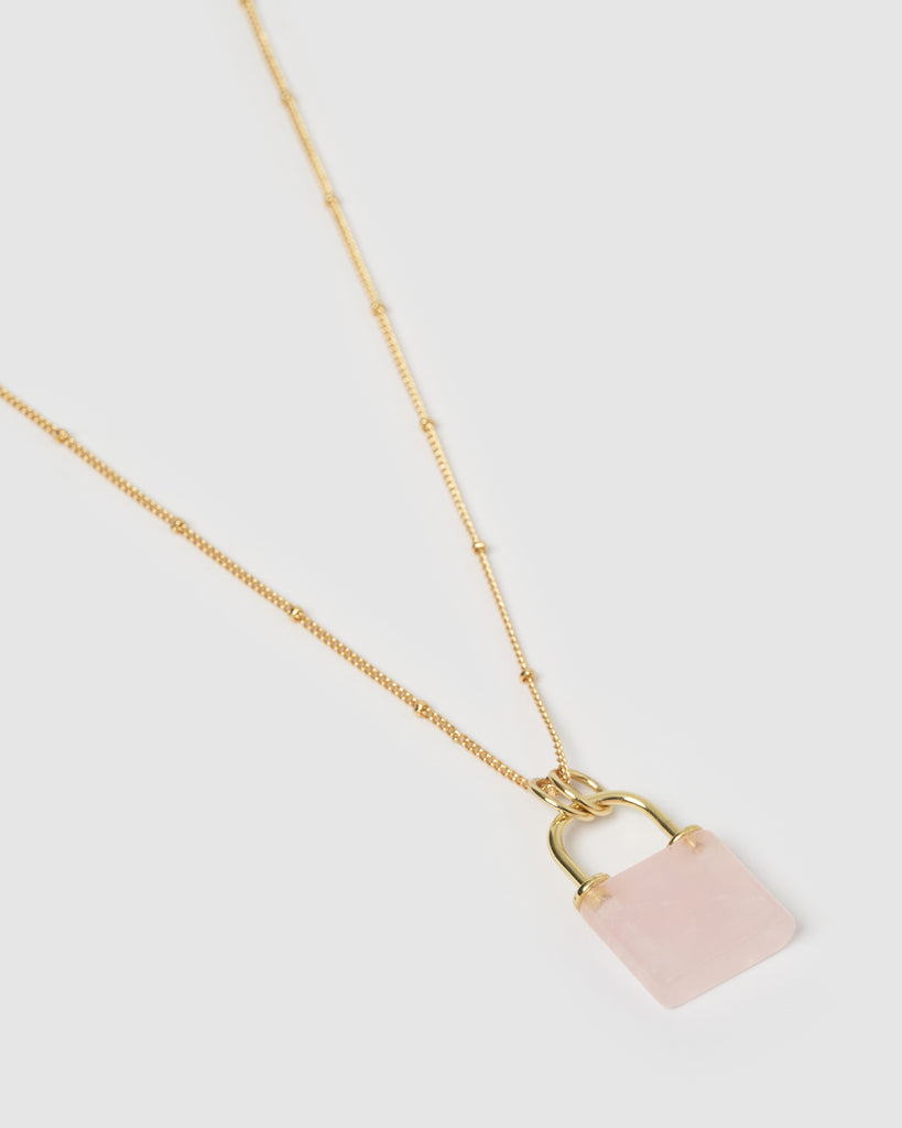 Miz Casa & Co Jess Lock Necklace Gold Rose Quartz
